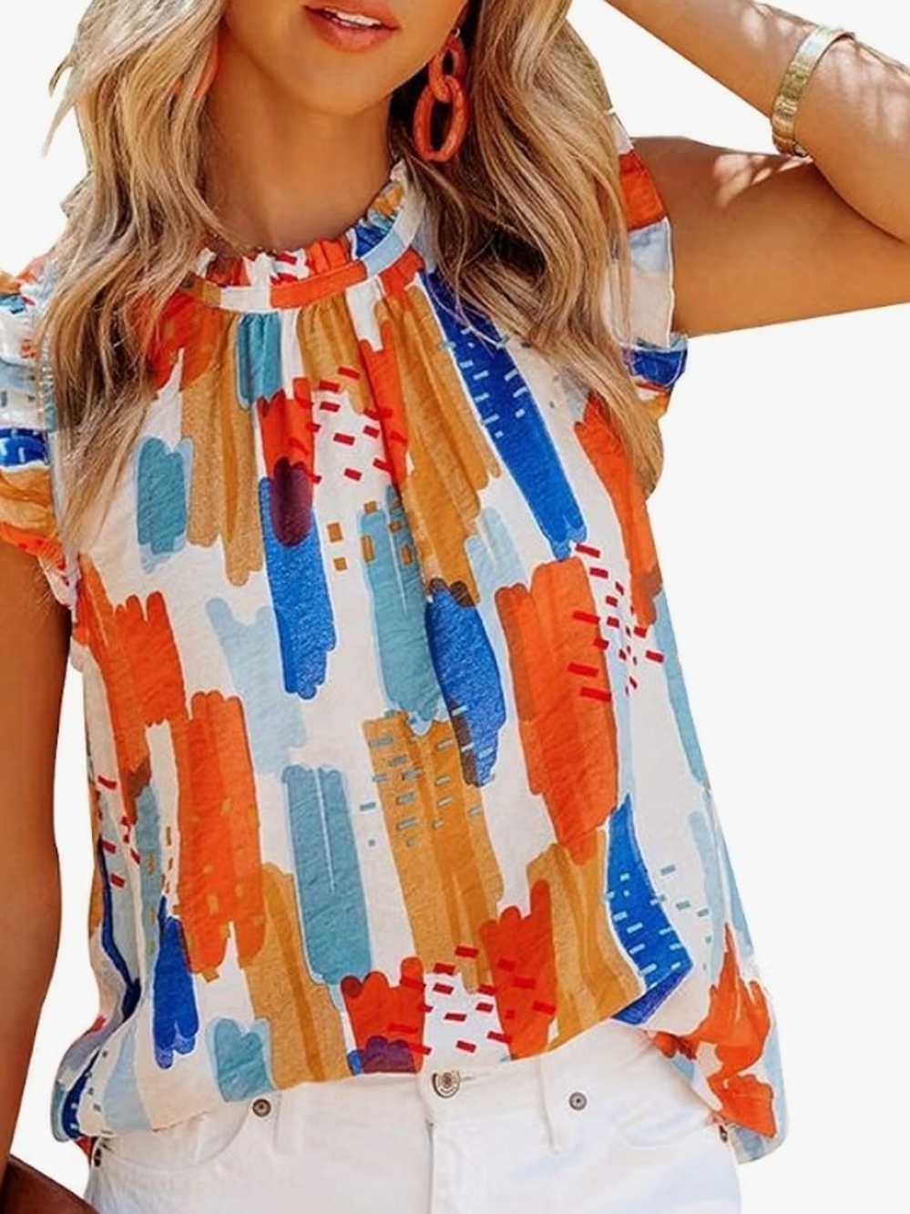 Abstract Brushstroke Ruffle-Sleeve Top in Orange & Blue